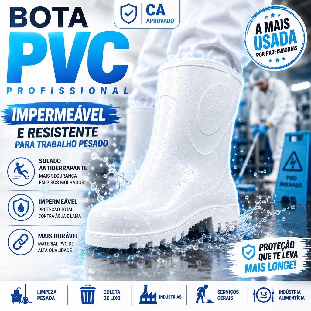 Bota Galocha Cano Estra Curto Impermeável Antiderrapante CA EPI Motoboy Chuva Limpeza Faxina Trabalho Branco