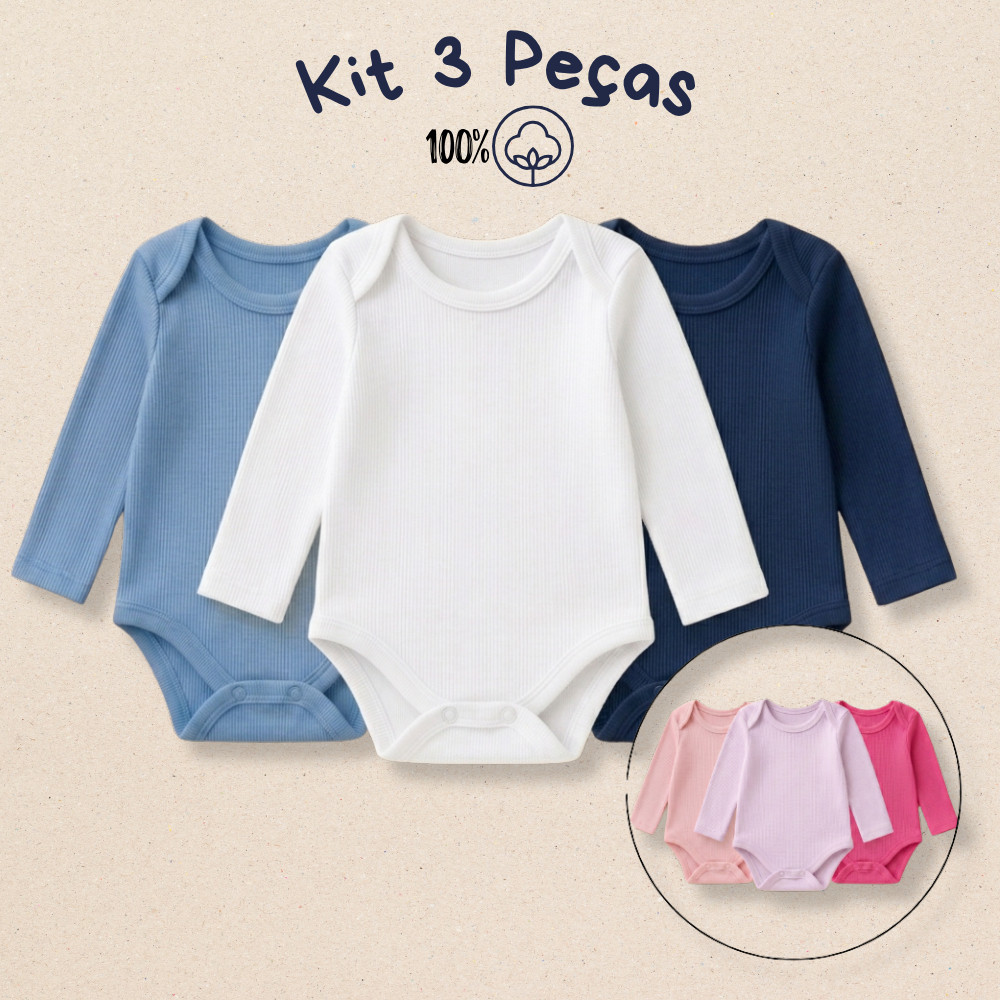 Kit 3 Body Manga Longa Canelado Para Bebê 100% Algodão Menino Menina RN P M G