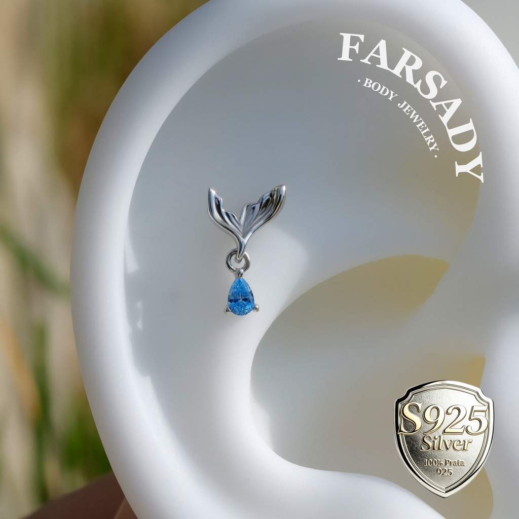 Brinco Pendente De Hélice Plana Com Cauda De Sereia : De Cartilagem Sem Fio Gema Azul Tragus Helix Lobe , Banhado A Prat