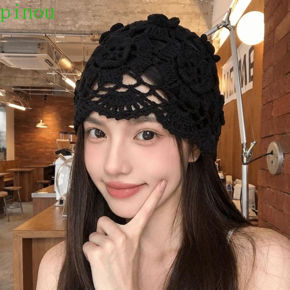 Chapéu De Malha De Flor De Crochê PINOU , Gorro Fino Vazado Estilo Boêmio , Boné Tecido Feito À Mão Coreano