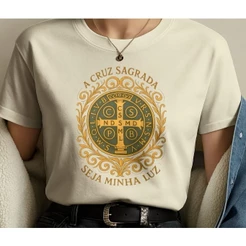 Camiseta 100% Algodão Cruz Sagrada Moda Cristã Feminina Masculina Blusa Tshirt Blusinha Casual