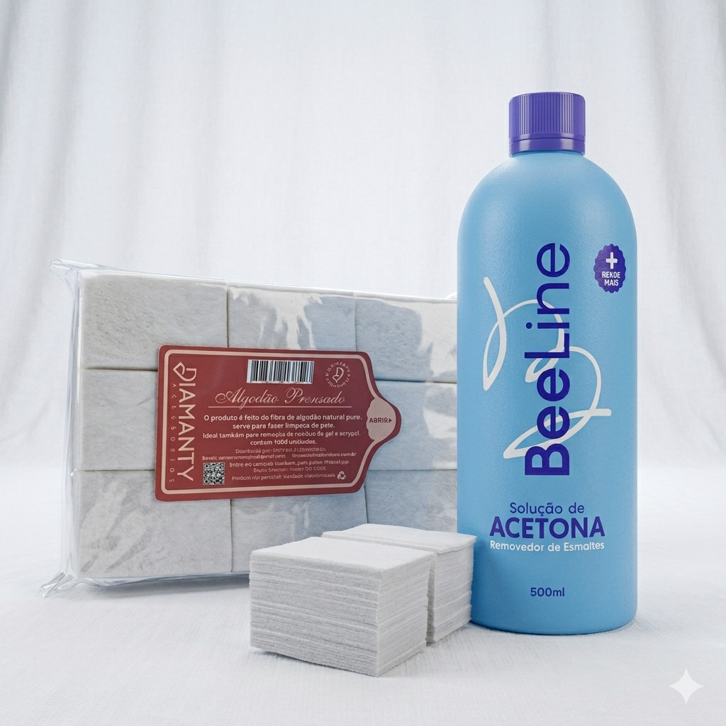 KIT Acetona removedor de esmalte Bee Line + Algodão Prensado para Unhas Diamanty 1000 unidades
