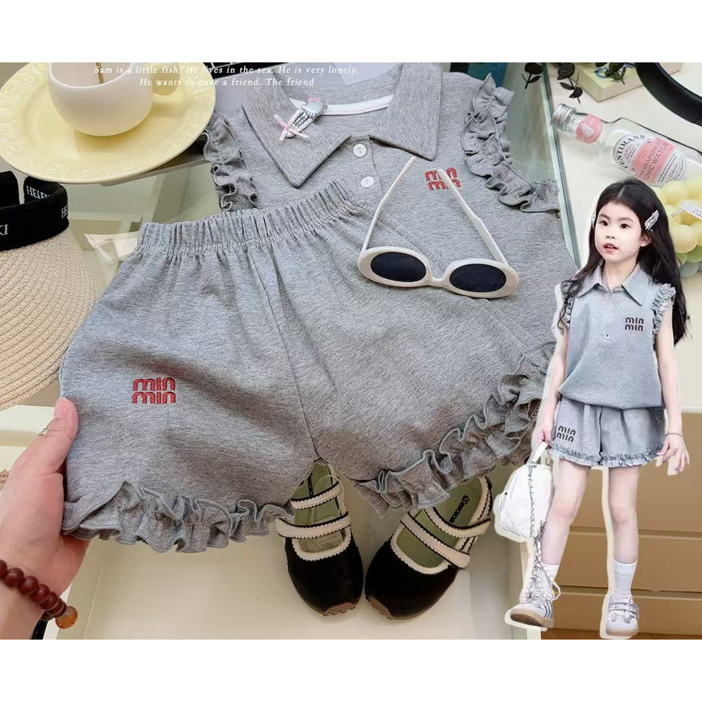 Meninas terno de verão estilo Preppy camisa POLO fungo renda colete terno meninas sem mangas Shorts terno de duas peças