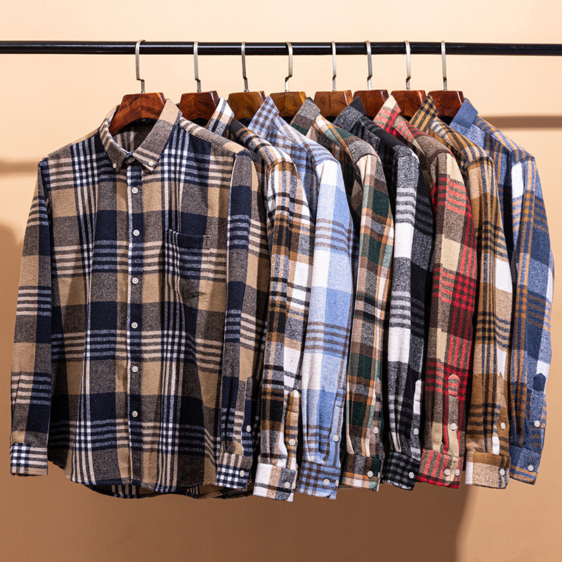 26 primavera outono novo estilo japonês Retro xadrez camisa masculina de manga comprida escovado Casual juventude comérc