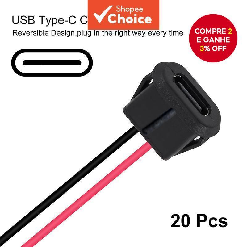  Conector Fêmea Tipo-C 2 Pinos 20 Unidades Conectores USB Tipo-C Conector de Tomada Fêmea Preto (Sem Terminal)
