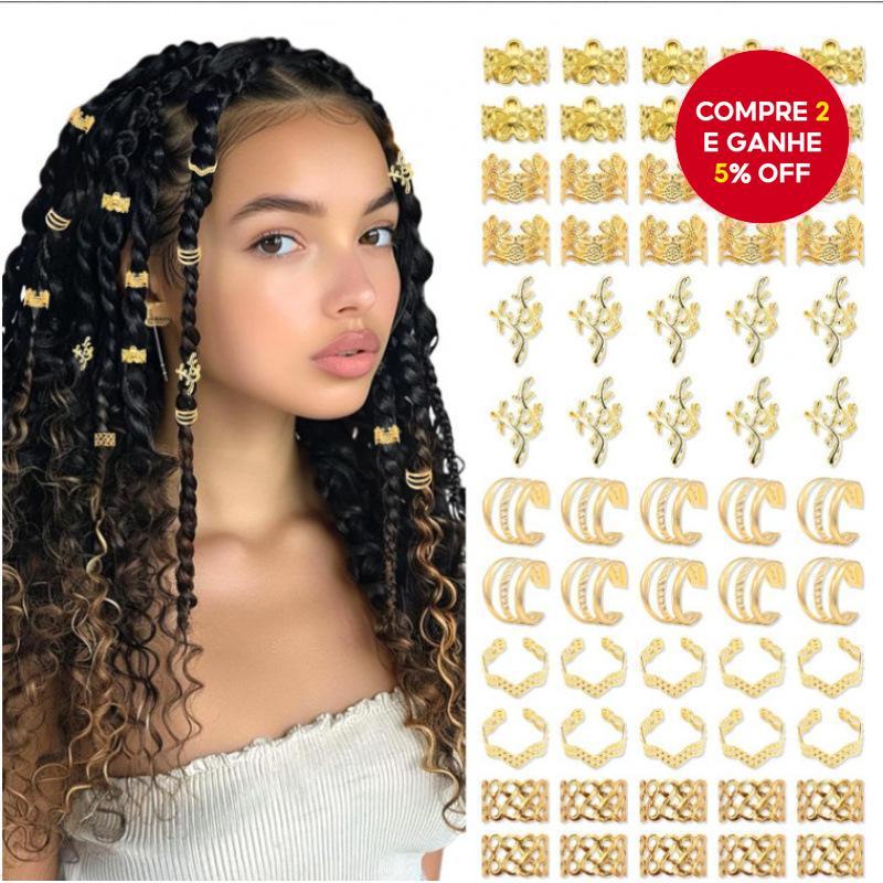 Conjunto De Anéis De Cabelo 60 Peças Para Tranças Ouro Prata Dreadlock Acessórios De Extensão