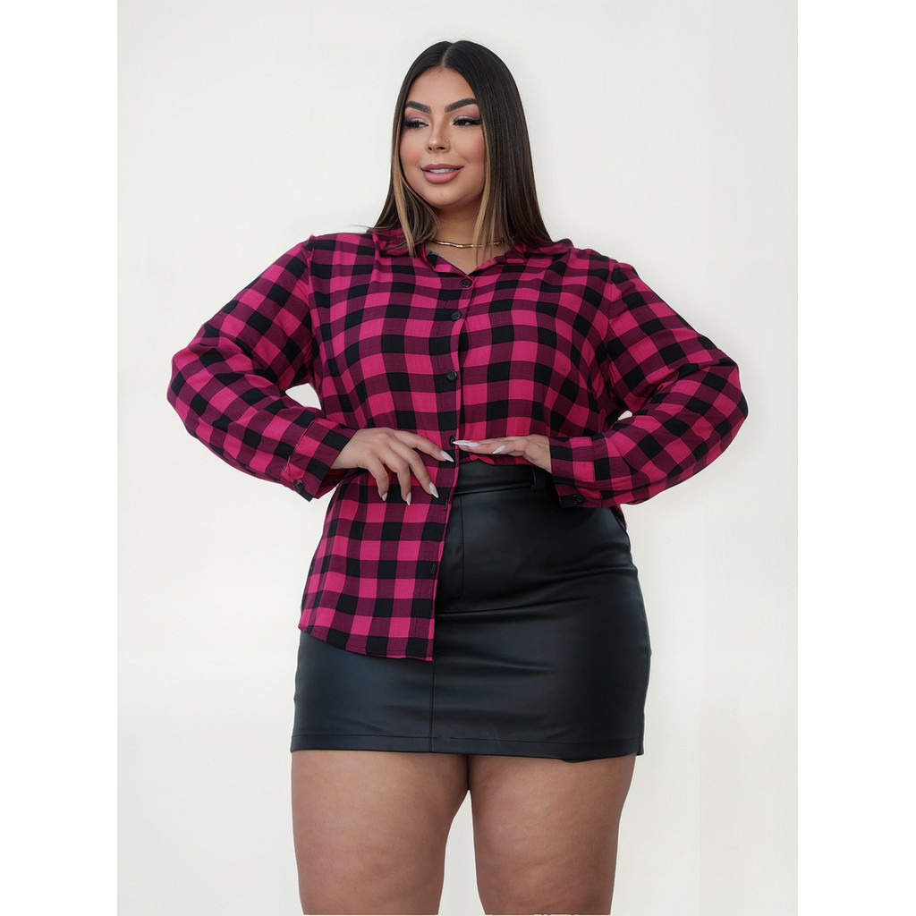conjunto xadrez Saia couro plus size E Camisa blusa manga longa xadrez plus size