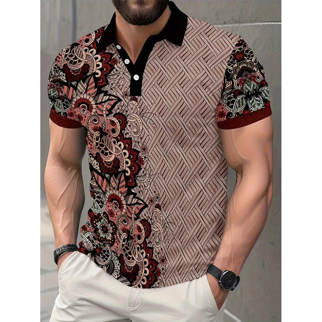 Camisa Polo Floral Tribal Roxa Vintage Masculina Manga Curta Botão Carcela De Golfe Para Roupas Casuais Diárias E De Pra