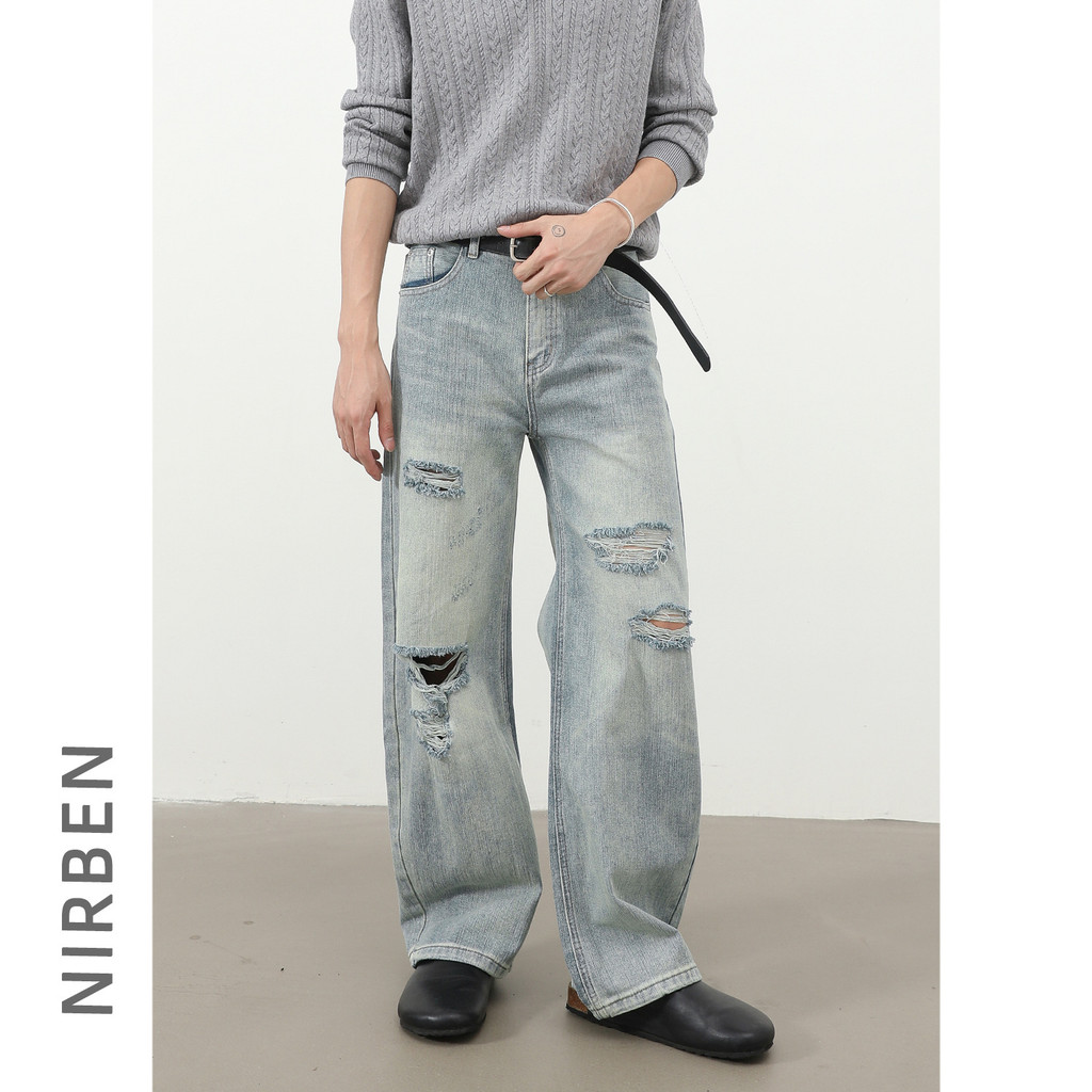 Jeans jeans jeans|Retro rasgado Machete Jeans masculino solto estilo americano Semi-elástico cintura alta rua Wear calça