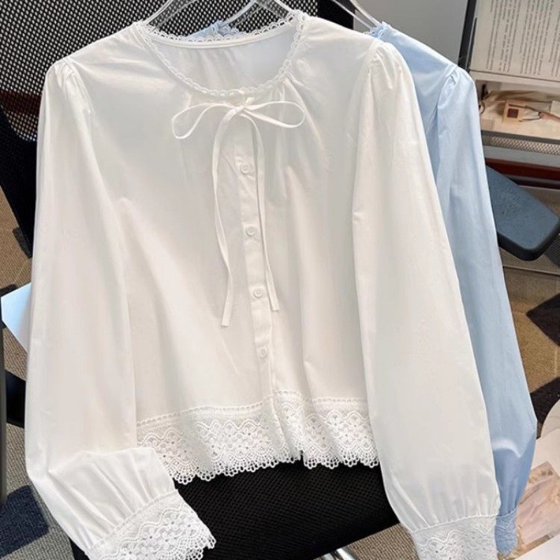 Moda feminina quente bordo moda feminina renda branca costura camisa de manga comprida feminina primavera verão novo est