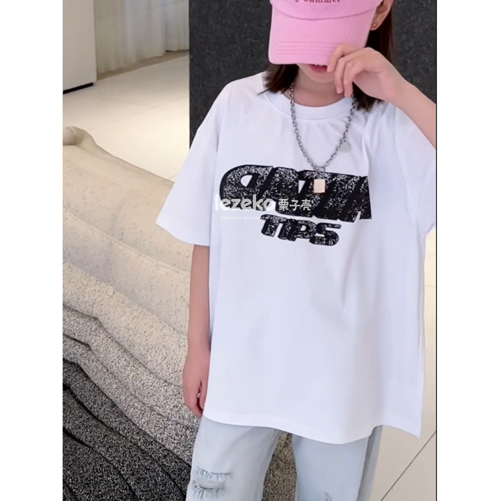 Meninos meninas camiseta de manga curta verão versão coreana médio grande crianças moda Casual verão camiseta crianças c