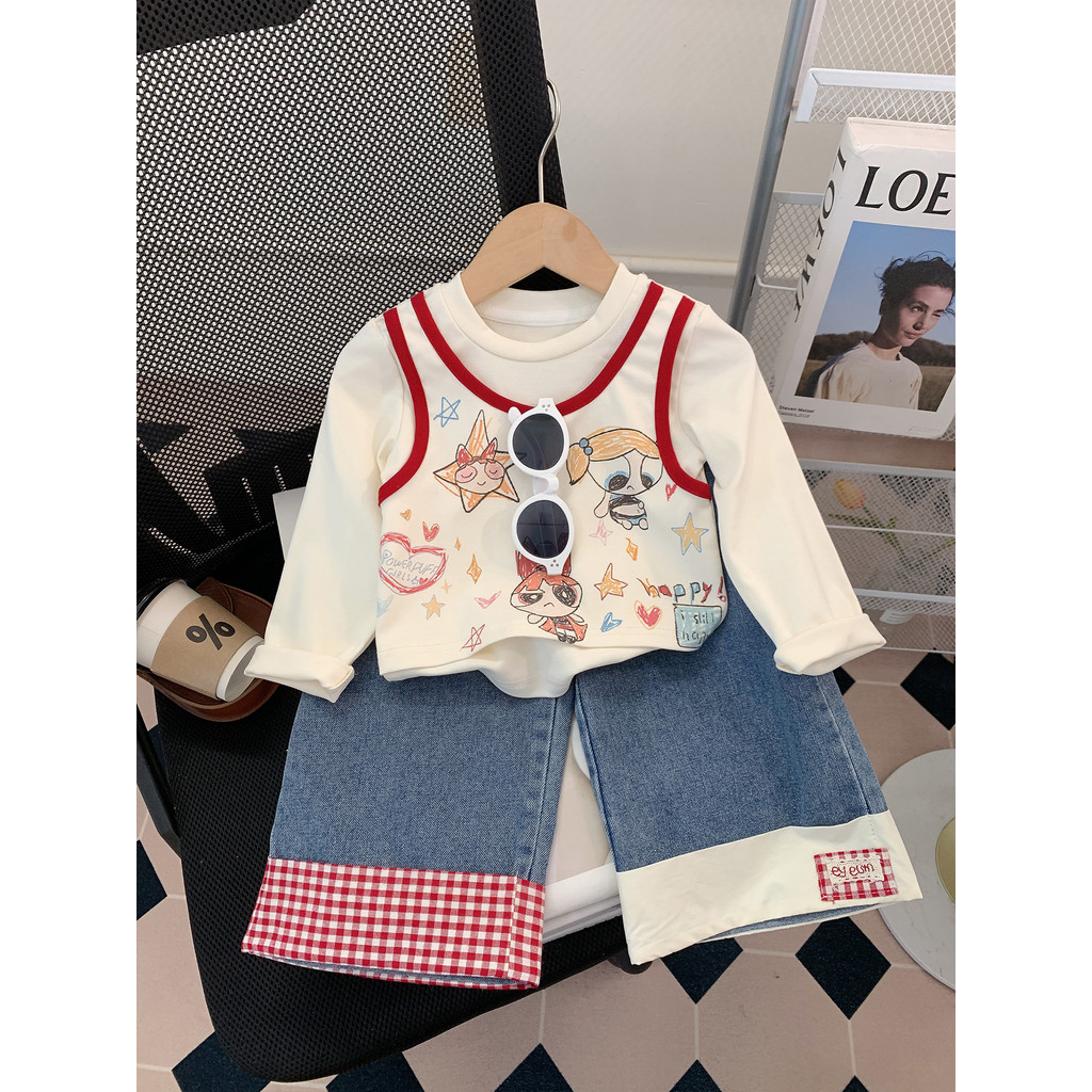 Meninas terno roupas de primavera 2026 novo estilo crianças estilo ocidental manga comprida topos crianças Jeans bebê co