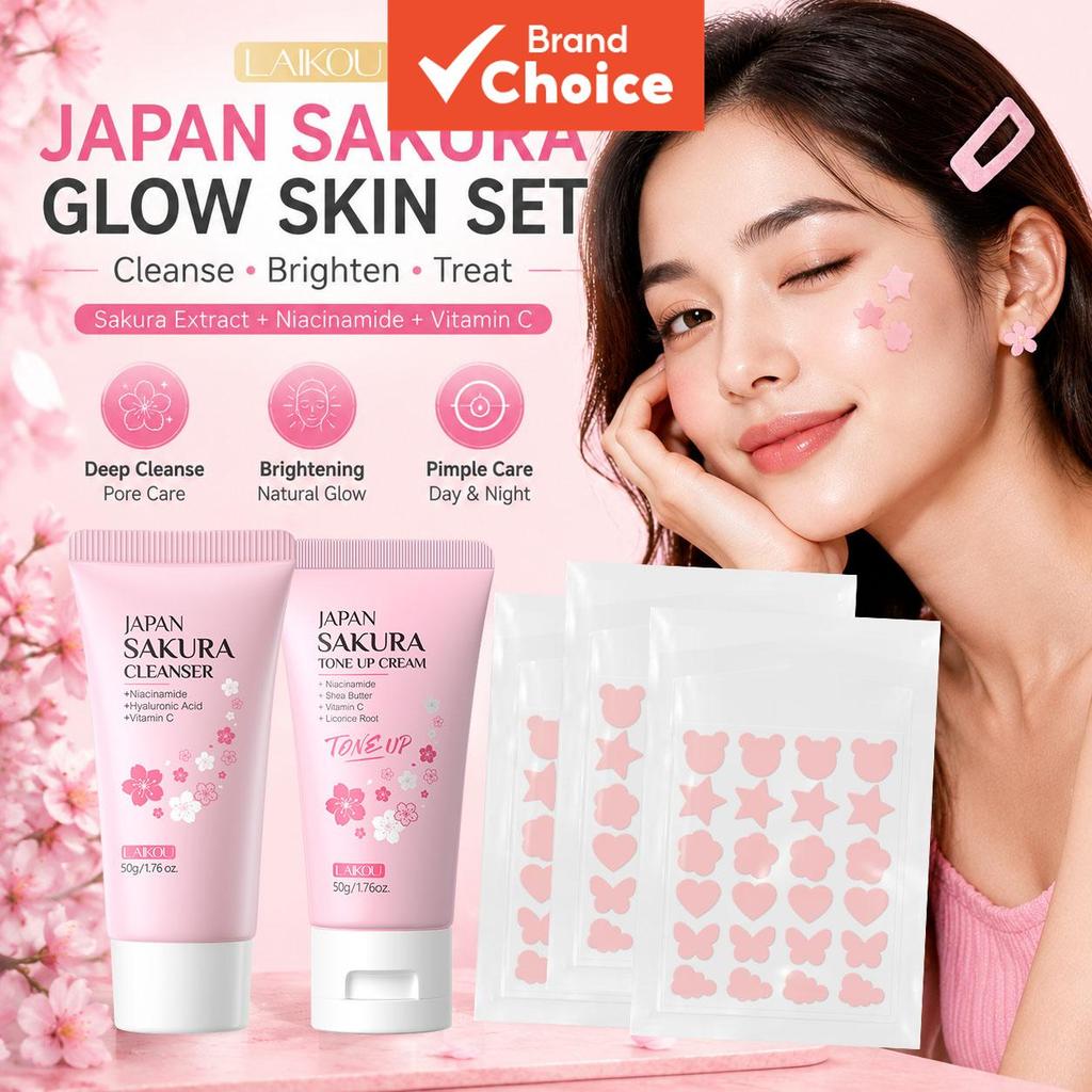 Conjunto de cuidados com a pele LAIKOU Sakura 3 peças: creme clareador, gel de limpeza facial, adesivos para acne e