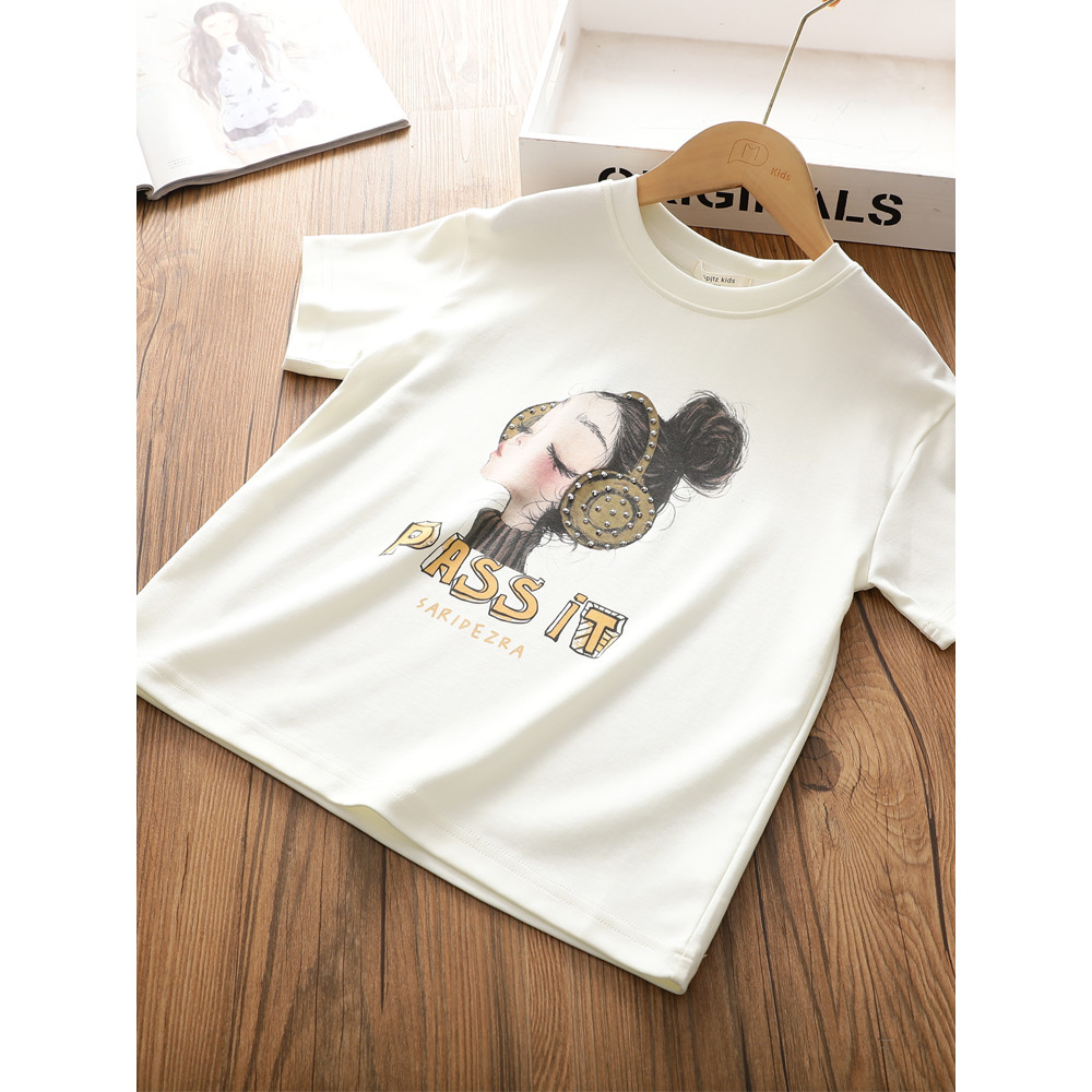 Meninas dos desenhos animados meninas impresso diamante manga curta camiseta médio grande crianças puro algodão gelo alg