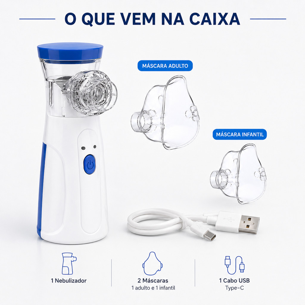 Nebulizador Portátil Mesh Silencioso Recarregável Inalador Infantil Adulto com Máscara USB ANJGG BRASIL