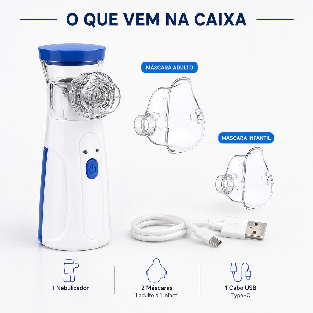 Nebulizador Portátil Mesh Silencioso Recarregável Inalador Infantil Adulto com Máscara USB ANJGG BRASIL