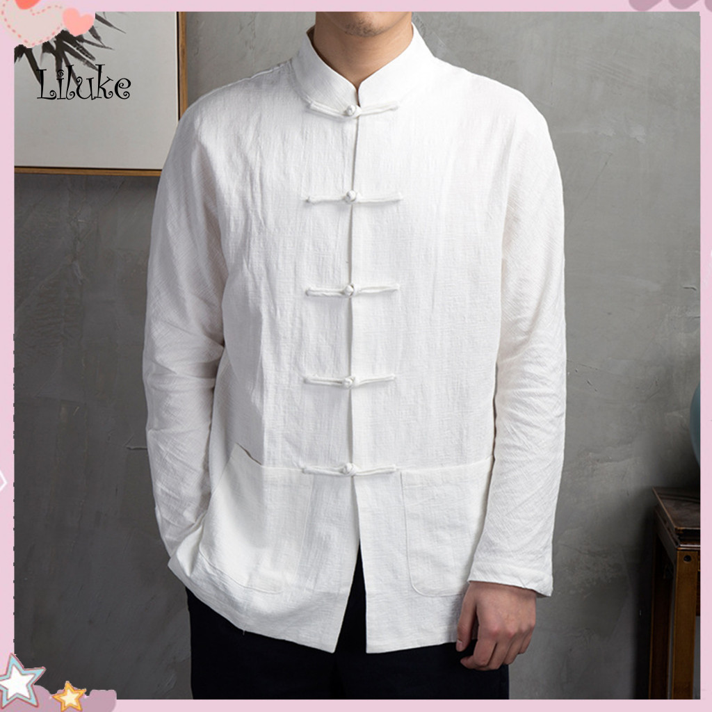 Chinese Retro Style Men Shirt Long Sleeve Men's Autumn Mandarin Collar Tai Chi Kung Fu Top with Pockets and for Casual