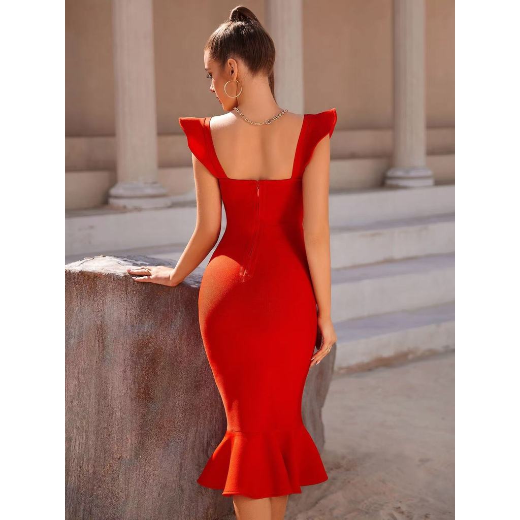 Saia bandagem vestido de noite vestido de manga babados sentir fino-ajuste saia rabo de peixe saia de festa nádegas