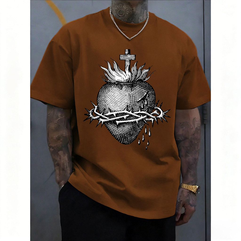 [Camiseta Premium em Algodão Puro]CC Camiseta Oversized Streetwear Masculina e Feminina, Estampa Religiosa de Coração Sa