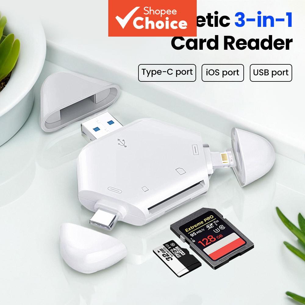 Leitor 3 em 1 magnético USB A/Tipo-C/iOS 3 portas para cartões SD/TF, conector de transferência de dados para celulares,