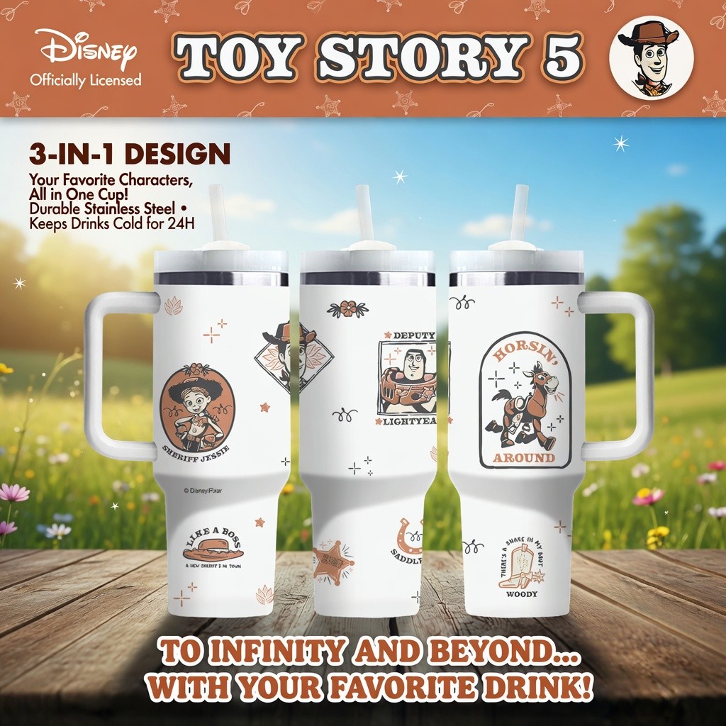 Copo De Água Isolado De Alça Grande Em Aço Inoxidável Disney Toy Story 5 " Waldo " E " Jesse " (Com Canudo , Capacidade)