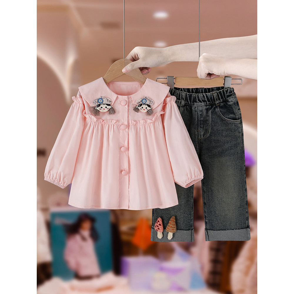 Meninas terno primavera outono roupas 2025 novo estilo moda crianças primavera roupas camisa do bebê calças jeans moda t