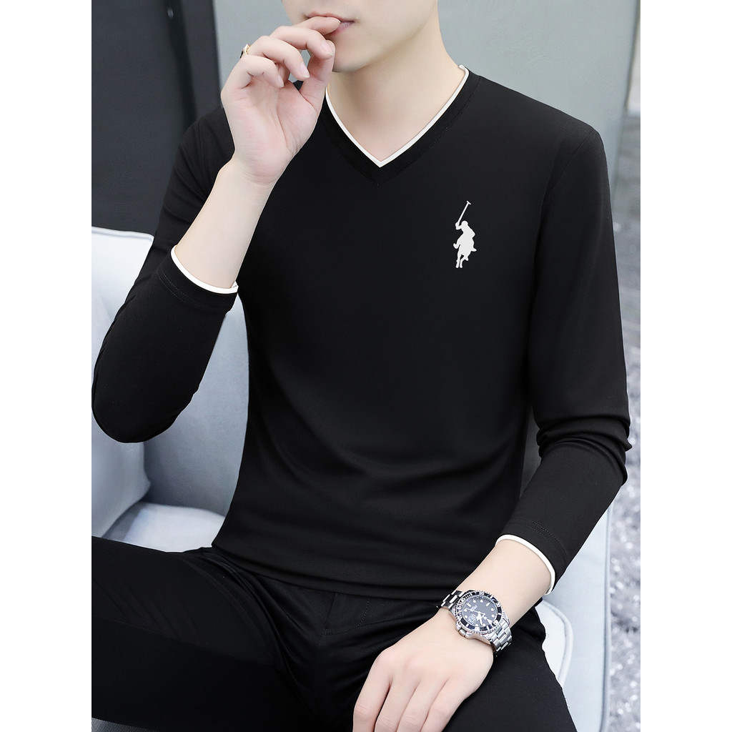 2026 primavera novo estilo puro algodão com decote em V manga comprida camiseta masculina magro-ajuste moda impressa All