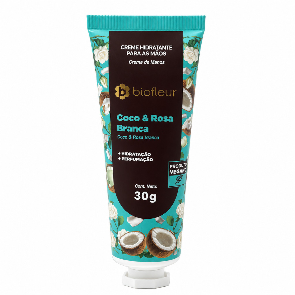 Creme Para Mãos Biofleur Coco Rosa Branca 30g Vegano Nutritivo Aroma Delicado