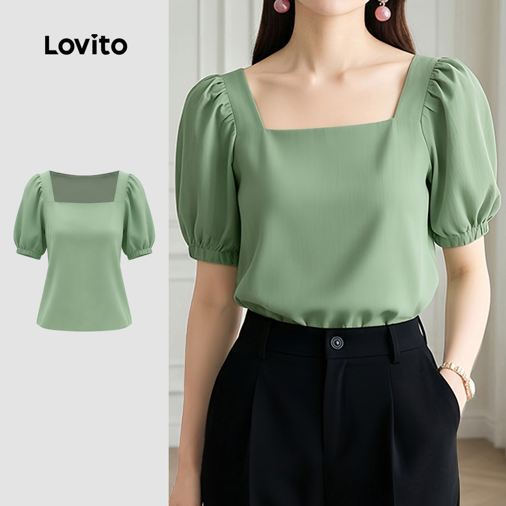 Lovito Blusa Casual Lazer Estilo Versátil Blusa Feminina Verde claro LK4AD028