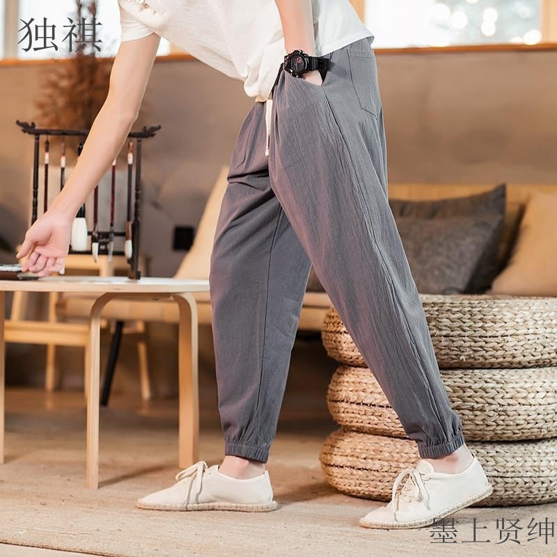 Calças de linho masculinas estilo chinês soltas calças harém justas estilo fino na moda algodão linho Bloomers calças ca