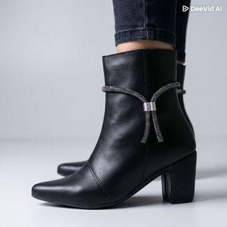 Bota Feminina Cano Curto Com Com Strass Removível Bico Fino Salto Grosso Moda Ref. 20/139