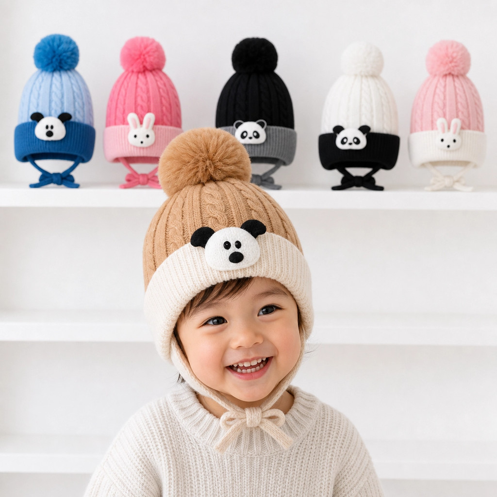 Touca Gorro Infantil Pompom com Aplique de Bichinhos Menino Menina Unissex com Forro Peluciado