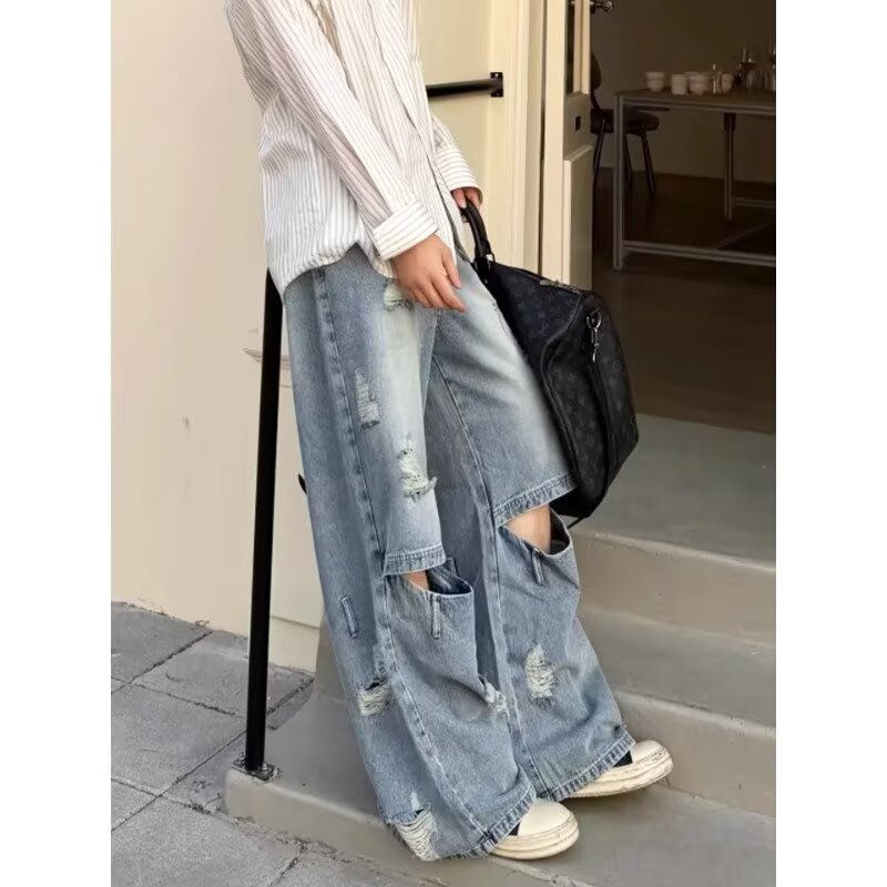 Verão fino de cintura alta estiramento rasgado cigarro tubo Jeans feminino solto mais magro olhar calças de perna reta