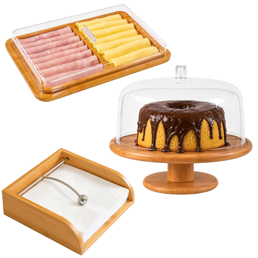 Kit Porta Guardanapos Porta Frios Boleira com Pé Bambu Sense Acrílico Cozinha Decoração 3 Itens Mesa