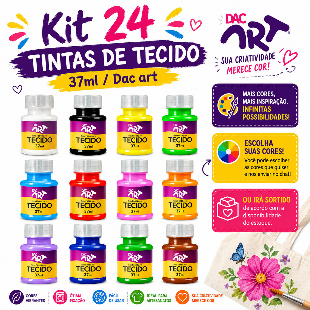 Kit 24 Tintas De Tecido 37ml / Dac art