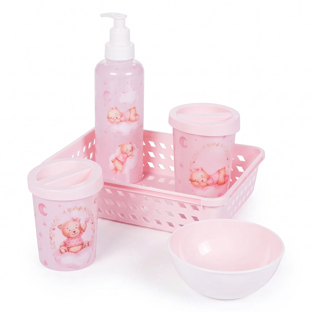 Kit Higiene Bebê Ursa Rosa 5 Peças Cuidado Recém Nascido Essencial Menina - Plasútil