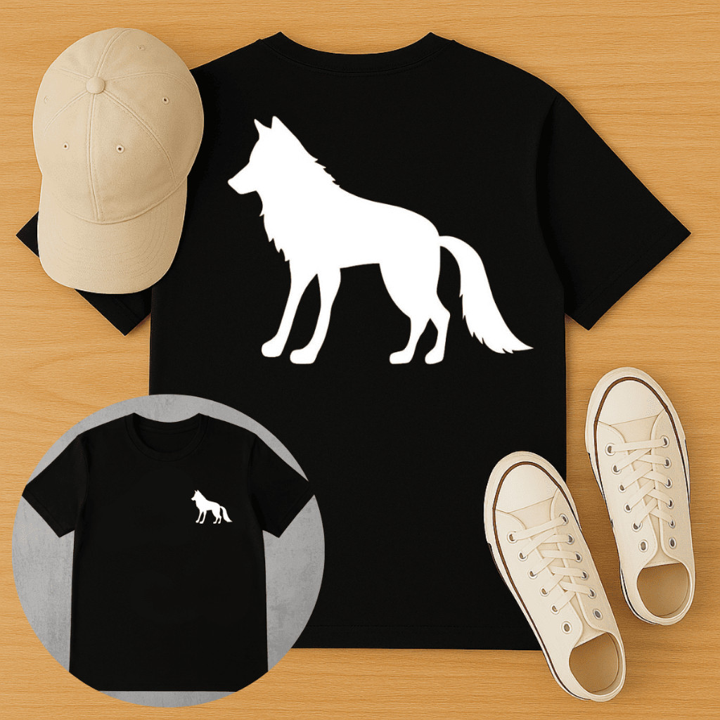 Camiseta Algodão Masculina Preta Estampa Lobo Frente e Costas – Moda Streetwear Casual