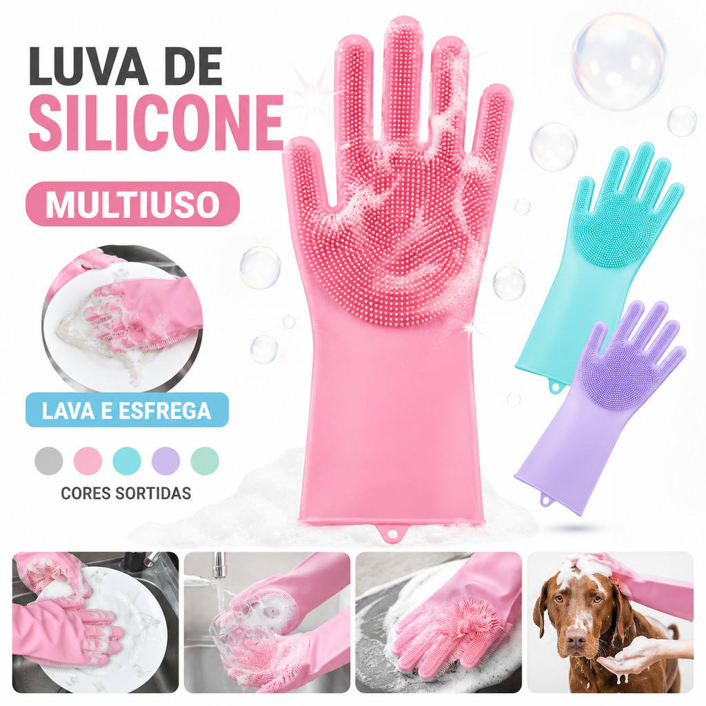 Luva De Silicone Multiuso Para Limpeza Cozinha Banheiro Pet Lava Louças Com Cerdas