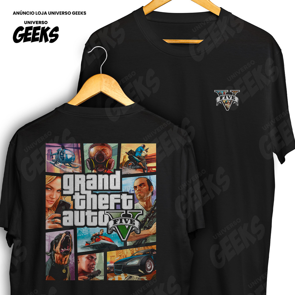Camiseta Frente E Verso Grand Theft Auto V Gta 5 Quadrinhos Logo Game Camisa De Jogo 100% Algodão