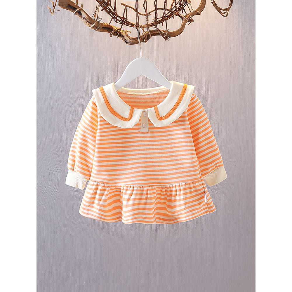 Feminino bebê primavera manga comprida camiseta estilo ocidental roupas de primavera meninas listrado topo gola boneca r