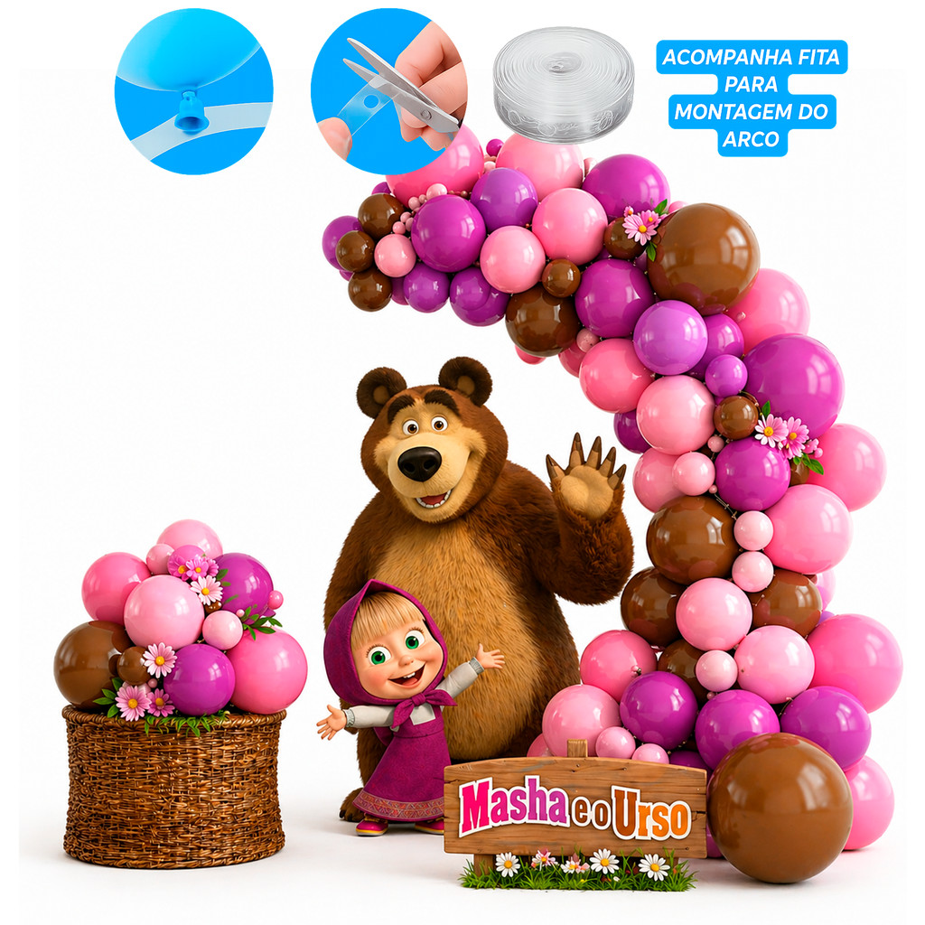 Kit Festa combina Masha e o Urso Decoração Arco 150 Balões - kit de balões sem painel