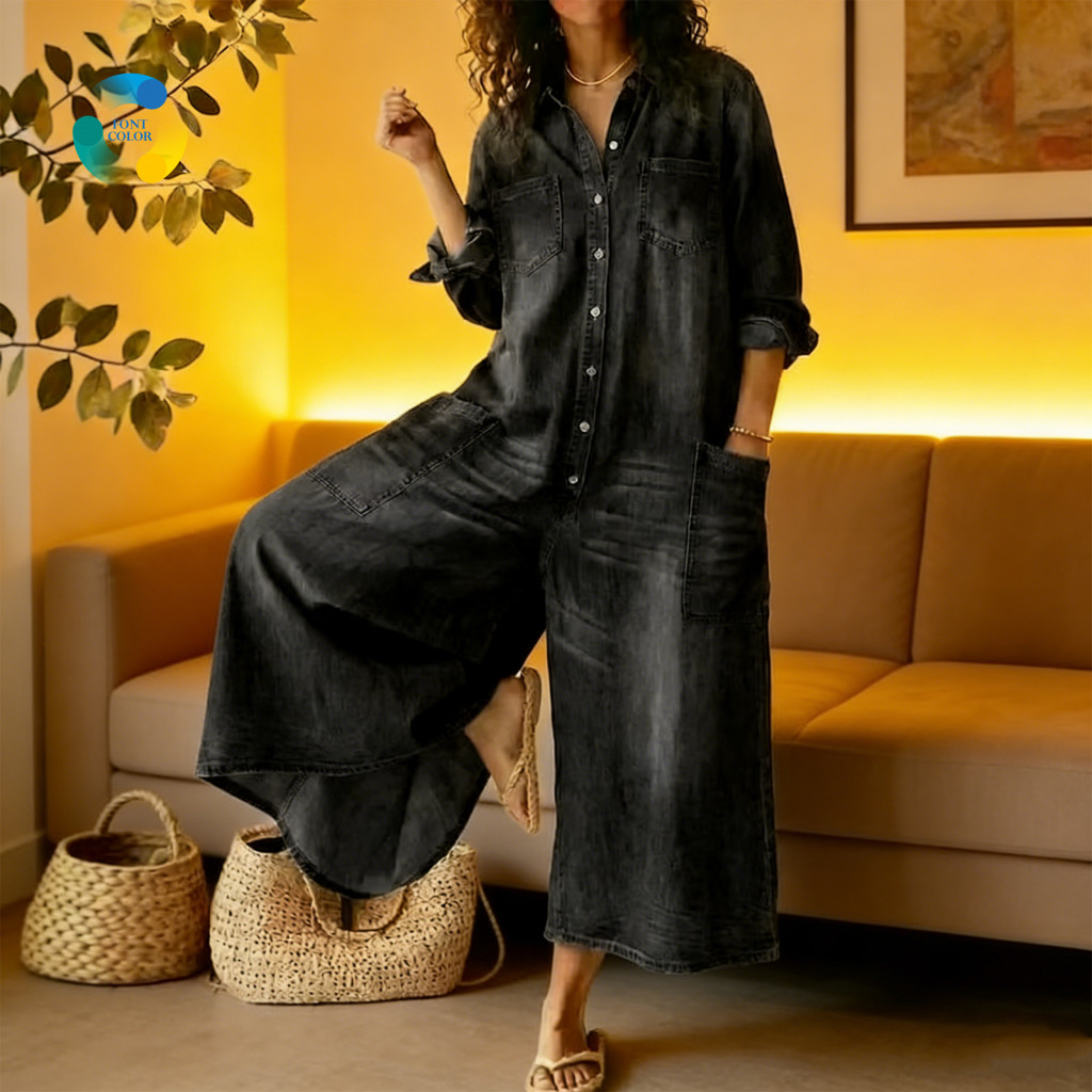 Soft Fabric Jumpsuit Solid Color Women’s Oversized Denim Long Sleeve Button Front Romper Wide Leg Jeans Overalls with