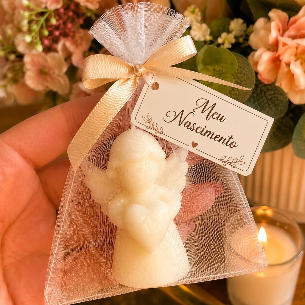 Kit 50 Lembrancinhas Batizado Maternidade Vela Anjinho Aromática - Personalizada Tag e Laço Delicado