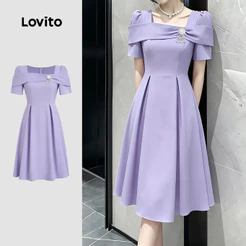 Lovito Vestido Social Elegante Assimétrico Roxo De Primavera/Verão Para Mulheres LK6ED306