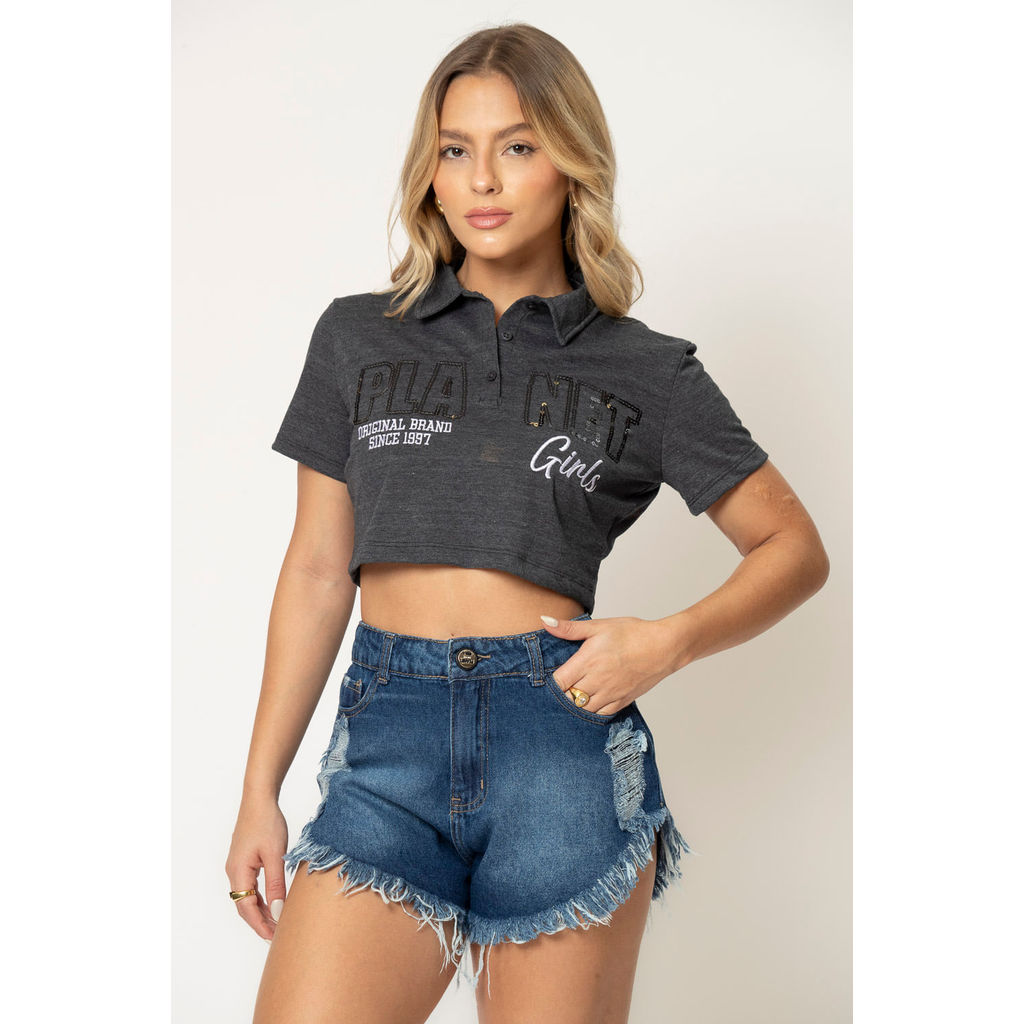 Polo Cropped Feminina em Paetê Planet Girls Mescla Médio