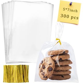 Sacos de Celofane Labeol 300 Peças 5X7 com Laços, Sacos Transparentes para Embalagem de Presentes, Doces, Biscoitos e Pr