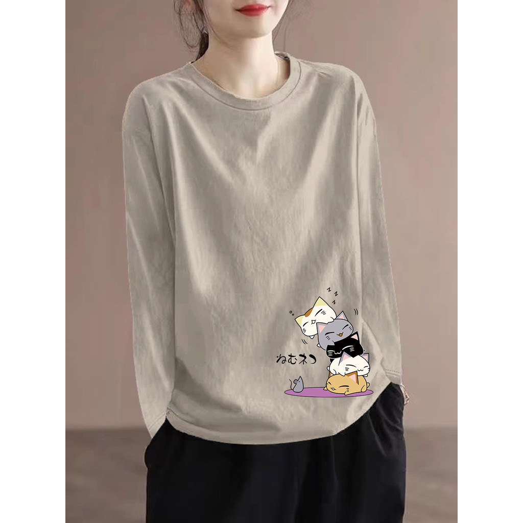 Exportação de comércio exterior 100% algodão em torno do pescoço de manga comprida camiseta feminina primavera outono so