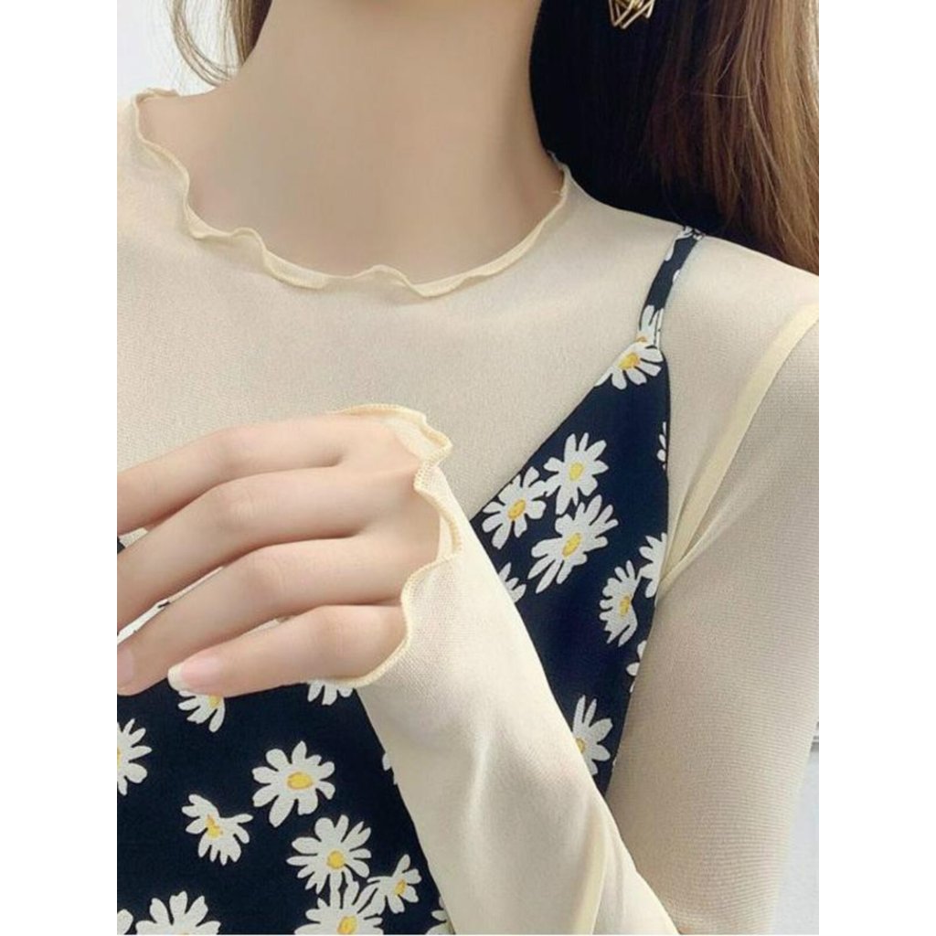 Agaric borda curta malha camisa de fundo feminino verão estilo fino roupas de seda gelo feminino em camadas gaze roupas
