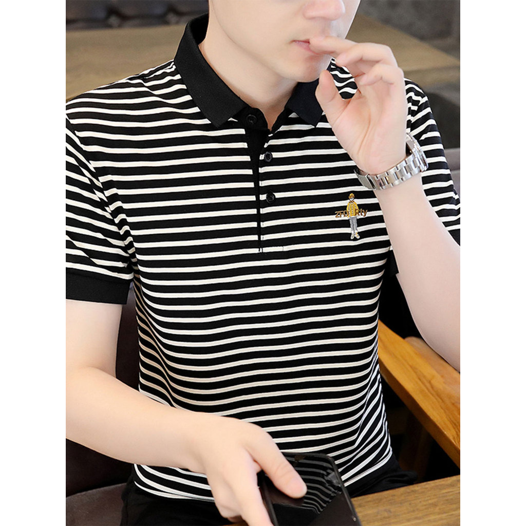 Camisa listrada masculina de manga curta camisa polo puro algodão fino ajuste gelo seda camiseta verão Street Wear ins l