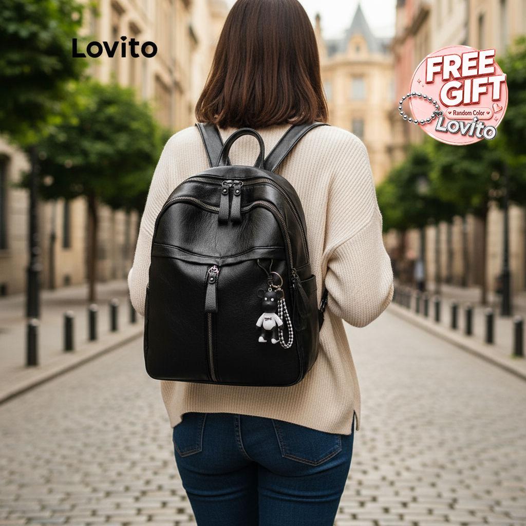 (Trendy2) Lovito Mochila Casual Estilo Coreano Lisa Com Zíper De Alta Capacidade Para Mulheres LNA09180 (preta)